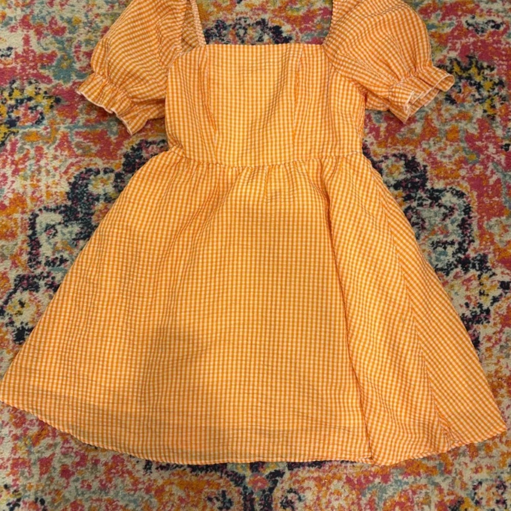 Orange Gingham Puff Sleeve Dress